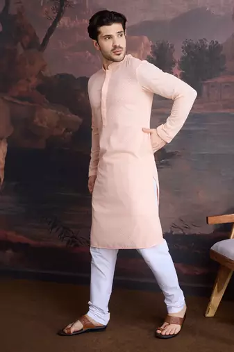 men's cotton chikankari stylish kurta set in peach