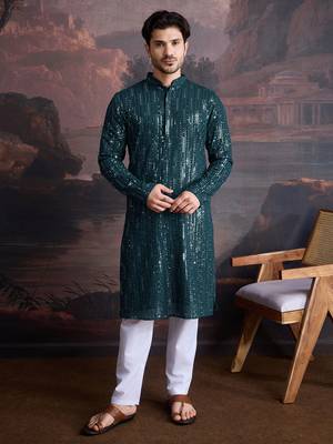 Men's stylish chikankari & sequined firozi green kurta set 1