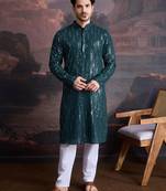 Men's stylish chikankari & sequined firozi green kurta set