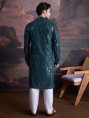 Men's stylish chikankari & sequined firozi green kurta set 2