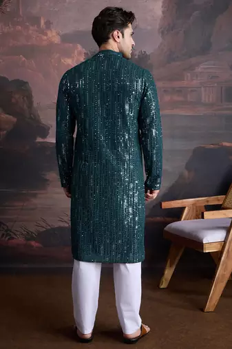 Men's stylish chikankari & sequined firozi green kurta set
