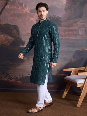 Men's stylish chikankari & sequined firozi green kurta set 3