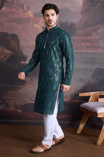 Men's stylish chikankari & sequined firozi green kurta set