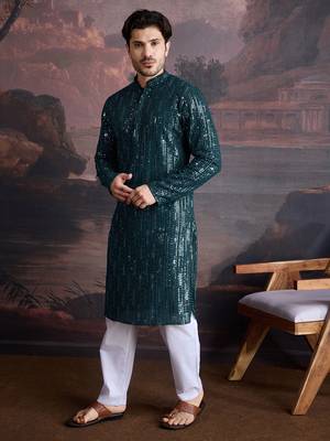 Men's stylish chikankari & sequined firozi green kurta set 4