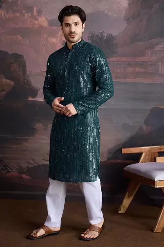 Men's stylish chikankari & sequined firozi green kurta set