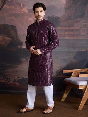 Men's stylish chikankari purple kurta set with sequins accents 1