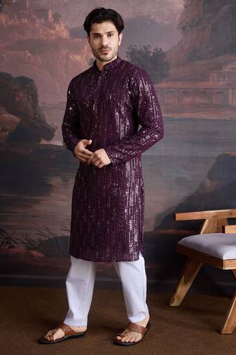 Men's stylish chikankari purple kurta set with sequins accents