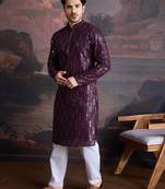 Men's stylish chikankari purple kurta set with sequins accents