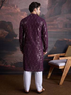 Men's stylish chikankari purple kurta set with sequins accents 2