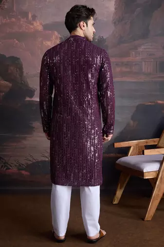 Men's stylish chikankari purple kurta set with sequins accents