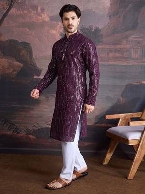 Men's stylish chikankari purple kurta set with sequins accents 3