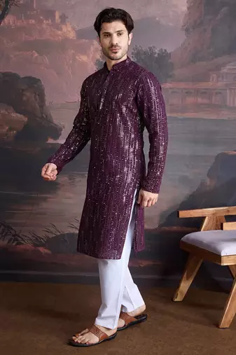 Men's stylish chikankari purple kurta set with sequins accents