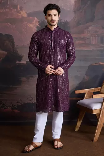 Men's stylish chikankari purple kurta set with sequins accents