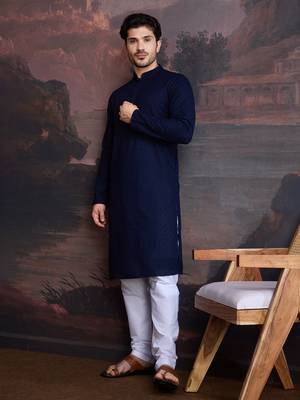 men's cotton chikankari stylish kurta set in deep blue 1