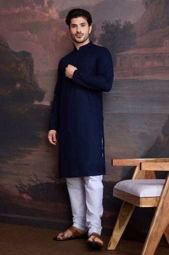 men's cotton chikankari stylish kurta set in deep blue