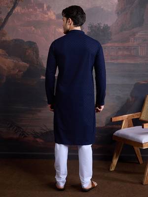 men's cotton chikankari stylish kurta set in deep blue 2