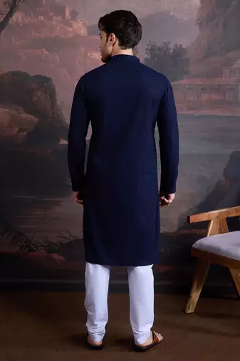 men's cotton chikankari stylish kurta set in deep blue