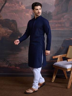 men's cotton chikankari stylish kurta set in deep blue 3
