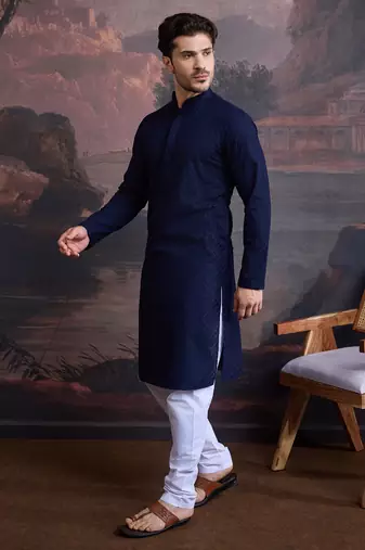 men's cotton chikankari stylish kurta set in deep blue