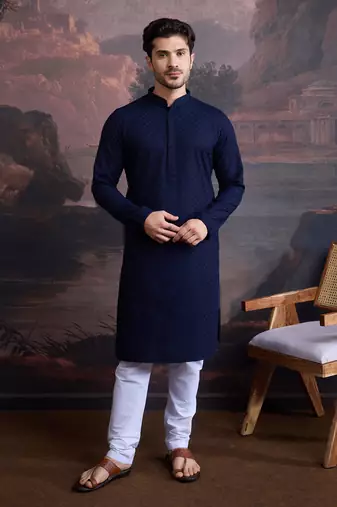 men's cotton chikankari stylish kurta set in deep blue