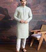 men's cotton chikankari embroidered  kurta set in green