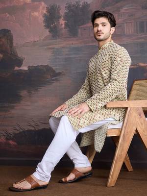 men's designer art silk gold kurta set with sequins accent 1