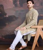 men's designer art silk gold kurta set with sequins accent