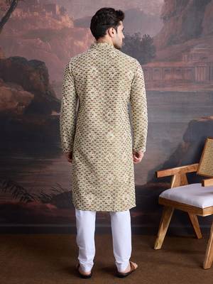 men's designer art silk gold kurta set with sequins accent 2