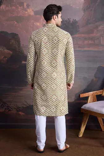 men's designer art silk gold kurta set with sequins accent