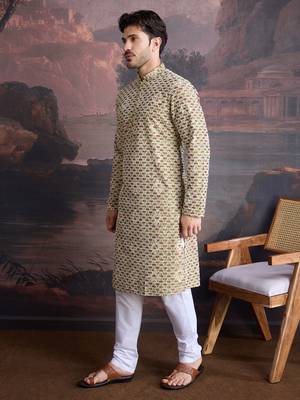 men's designer art silk gold kurta set with sequins accent 3
