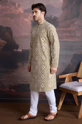 men's designer art silk gold kurta set with sequins accent