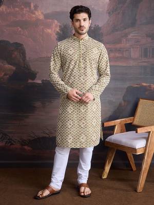 men's designer art silk gold kurta set with sequins accent 4