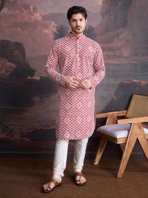 men's designer cotton red kurta set with sequins accent 1