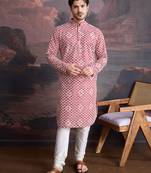 men's designer cotton red kurta set with sequins accent