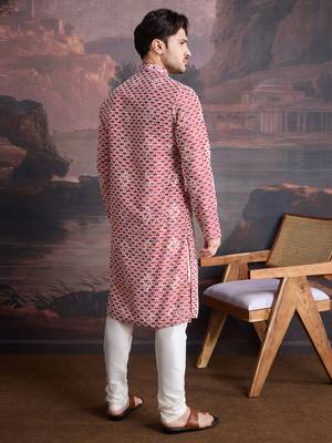 men's designer cotton red kurta set with sequins accent 2