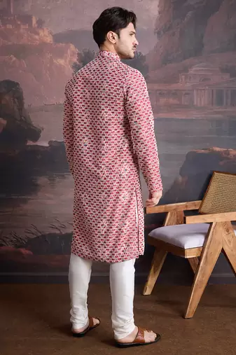 men's designer cotton red kurta set with sequins accent