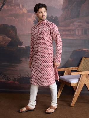 men's designer cotton red kurta set with sequins accent 3