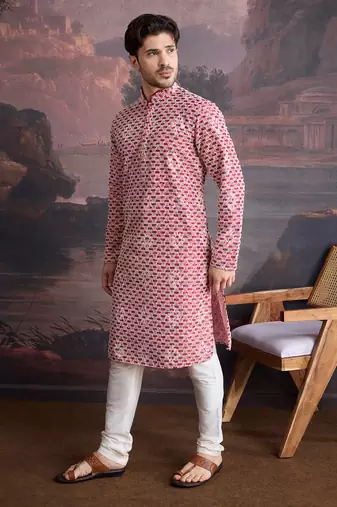 men's designer cotton red kurta set with sequins accent