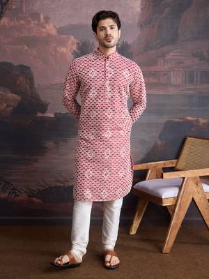 men's designer cotton red kurta set with sequins accent 4