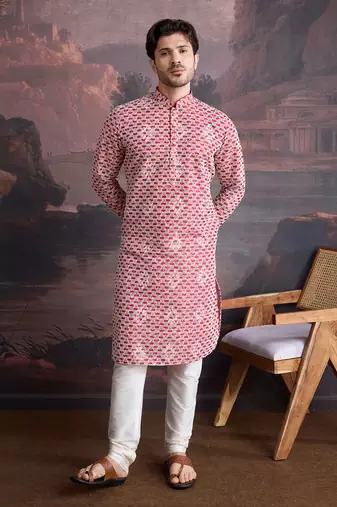 men's designer cotton red kurta set with sequins accent