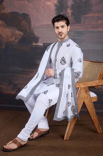 Men's premium art silk off white embroidered kurta set