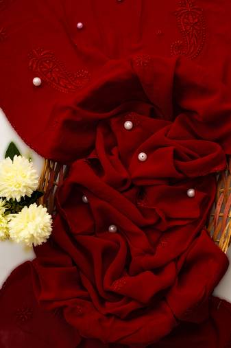 Hand Embroidered Red Viscose Georgette Lucknowi Chikankari Stole