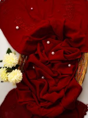 Hand Embroidered Red Viscose Georgette Lucknowi Chikankari Stole 1