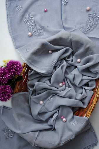 Hand Embroidered Grey Viscose Georgette Lucknowi Chikankari Dupatta