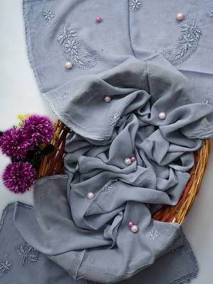 Hand Embroidered Grey Viscose Georgette Lucknowi Chikankari Dupatta 1
