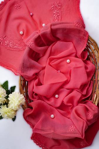 Hand Embroidered Carrot Pink Georgette Lucknowi Chikankari Dupatta