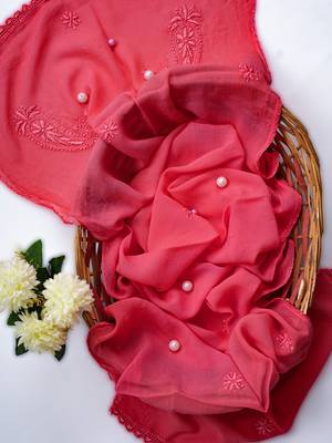 Hand Embroidered Carrot Pink Georgette Lucknowi Chikankari Dupatta 1