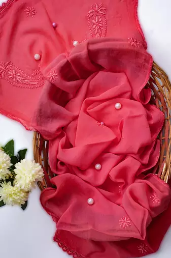 Hand Embroidered Carrot Pink Georgette Lucknowi Chikankari Dupatta