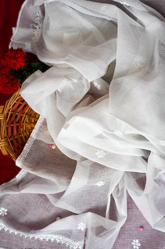 Hand Embroidered White Kota Lucknowi Chikankari Dupatta