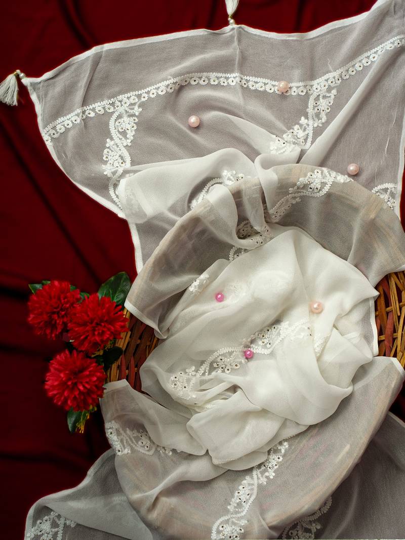 Hand Embroidered White Georgette Lucknowi Chikankari Dupatta with Muqaish Work